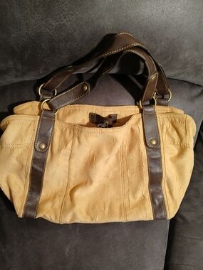 Stamp 10 Suede Vintage Y2k Tan Tote Interior with Brown Leather Trim Hobo Bag